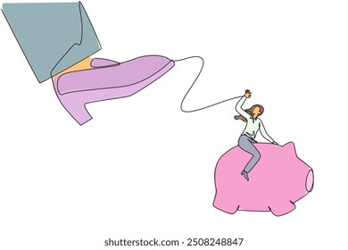 Single continuous line drawing businesswoman riding a piggy bank runs away from giant feet. Maintain profits. Got a business test to make it grow. Saving assets. One line design vector illustration