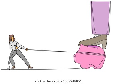 Single continuous line drawing businesswoman tries to take the piggy bank stepped on by giant foot. Taking investment rights. Fight for better life. Struggle. One line design vector illustration