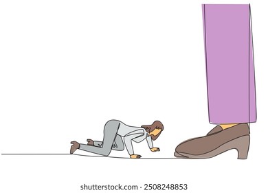 Single continuous line drawing businesswoman kneels and licks giant foot. Sacrificing self-esteem. Doing anything for profit. Make extra sacrifices for the team. One line design vector illustration