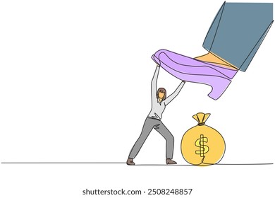 Single continuous line drawing businesswoman holds back the giant foot that wants to step on the money bag. Against the tyrannical sovereigns. Business destroyer. One line design vector illustration