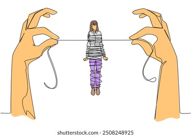 Single continuous line drawing businesswoman standing and tied by a rope held by 2 giant hands. Can't move anywhere. Trapped in debt. Fraudulent investment. Failed. One line design vector illustration