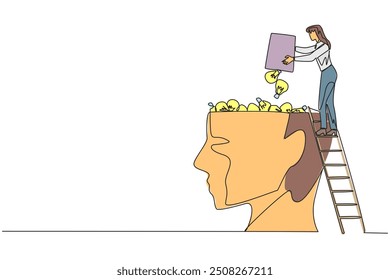 Single continuous line drawing businesswoman climb to the large, open head with stairs. Throw away the lightbulb. Putting down suggestions. Brainstorming. Opinion. One line design vector illustration
