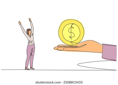 Single continuous line drawing the businesswoman is excited to get a dollar symbol coin from giant hand. A little extra capital. Use it for profit. Important gift. One line design vector illustration