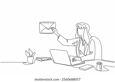 Single continuous line drawing businesswoman sitting at desk typing on laptop. Reply to emails received from clients. Formal language. Tech. National Email Day. One line design vector illustration