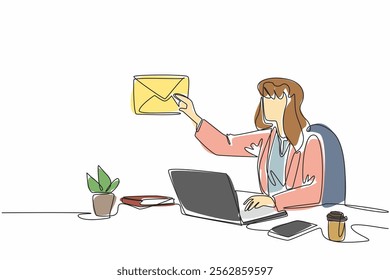 Single continuous line drawing businesswoman sitting at desk typing on laptop. Reply to emails received from clients. Formal language. Tech. National Email Day. One line design vector illustration