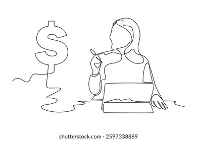 Single continuous line drawing of businesswoman explain about company finance. Money savings, personal investment, finance, funding, bank deposit, capital accumulation. One line graphic design vector