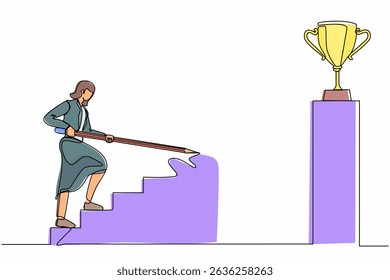 Single continuous line drawing businesswoman use huge pencil to draw rising up stairs, walk climbing up ladder, and try to reach trophy cup. Business development. One line draw graphic design vector