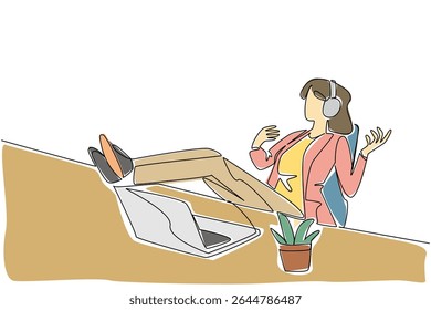 Single continuous line drawing businesswoman wear headphone sits on a chair with hands forms a gesture as plays guitar. Relieve fatigue. National Sing Out Day. One line design vector illustration