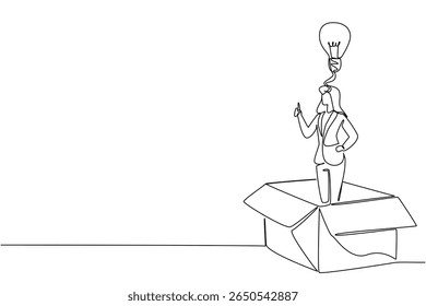 Uma linha contínua desenhando uma empresária dentro de grande caixa de papelão fazendo gesto de recebe ideia. Solução de problemas em qualquer lugar. Dia Nacional da Criatividade. Ilustração de vetor de design de uma linha