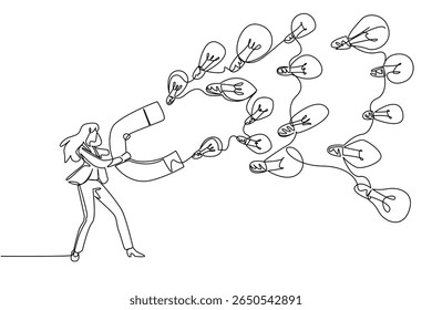 Single continuous line drawing a businesswoman holds a large magnet attracting various sized light bulbs. Attracting many creative ideas. National Creativity Day. One line design vector illustration