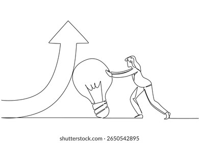 Uma única linha contínua desenhando uma empresária empurra uma lâmpada que segura uma seta para que ela gire para cima. Trabalhe de forma inteligente para subir de nível. Dia Nacional da Criatividade. Ilustração de vetor de design de uma linha