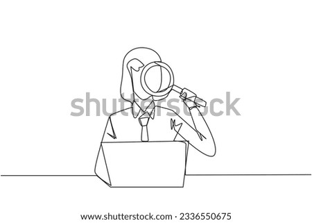 Single continuous line drawing of businesswoman is typing in front of a laptop computer holding a magnifier. Modern business at this time can be done anytime and anywhere. One line vector illustration