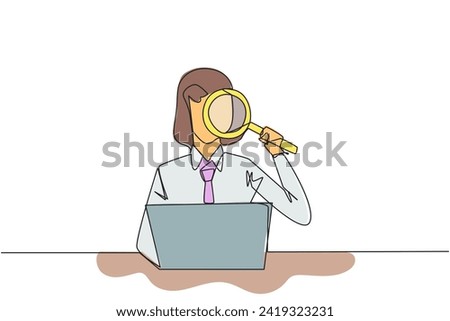 Single continuous line drawing of businesswoman is typing in front of a laptop computer holding a magnifier. Modern business at this time can be done anytime and anywhere. One line vector illustration