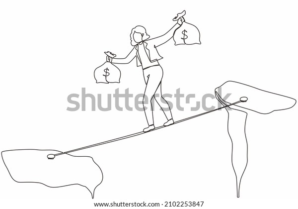 Single continuous line drawing businesswoman\
walk over cliff gap mountain carry two money bag risking dangerous.\
Female walking balance on rope bridge. One line draw graphic design\
vector illustration