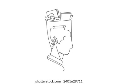 Single continuous line drawing businesswoman's head in the shape of a trash can. Difficulty thinking. Monthly financial reports. Biweekly business report. Stress. One line design vector illustration
