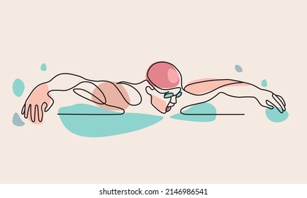 Dibujo de una sola línea continua de mariposa profesional nadador hombre entrenamiento de enfoque en el centro de piscina de gimnasio. Concepto de estilo de vida saludable. Ilustración gráfica del vector de diseño de una línea