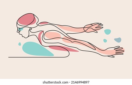 Single continuous line drawing of butterfly professional swimmer woman focus training in gym swimming pool center. Healthy lifestyle concept. Trendy one line draw design graphic vector illustration