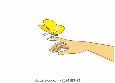 Single continuous line drawing butterfly perched on fingertip. Transformation, renewal, and the promise of a brighter future. Respect. Zero Discrimination Day. One line design vector illustration