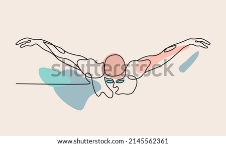 Single continuous line drawing of butterfly professional swimmer man focus training in gym swimming pool center. Healthy lifestyle concept. Trendy one line draw design graphic vector illustration