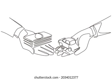 Single continuous line drawing buying or renting car. Car and money holding in hand. Hand of car salesman manager and customer holding car and money. One line draw graphic design vector illustration