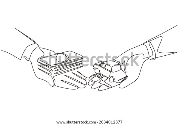 Single continuous line drawing buying or\
renting car. Car and money holding in hand. Hand of car salesman\
manager and customer holding car and money. One line draw graphic\
design vector\
illustration