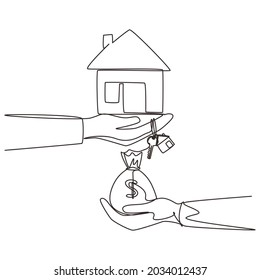 Single continuous line drawing buying-selling houses, refinance your houses, change assets capitalization. Buying a house. Sale and purchase concept. One line draw graphic design vector illustration