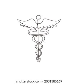 Single continuous line drawing caduceus, medical center, pharmacy, hospital with popular symbol of medicine. Medical health care icon logo. Dynamic one line draw graphic design vector illustration