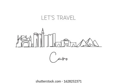 Single continuous line drawing of Cairo city skyline, Egypt. Famous city scraper and landscape home wall decor poster print art. World travel concept. Modern one line draw design vector illustration