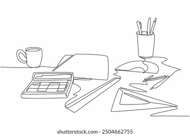 Single continuous line drawing calculator, protractor, compass and pencil case scattered around. Trying the easiest formula. International Day of Mathematics. One line design vector illustration