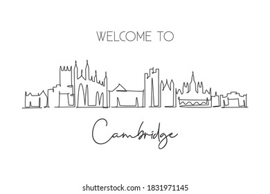 Single continuous line drawing of Cambridge city skyline, England. Famous city scraper landscape. World travel home wall decor art poster print concept. Modern one line draw design vector illustration