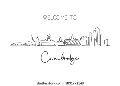 Single continuous line drawing Cambridge city skyline, Massachusetts. Famous city scraper landscape. World travel wall decor art poster print concept. Modern one line draw design vector illustration