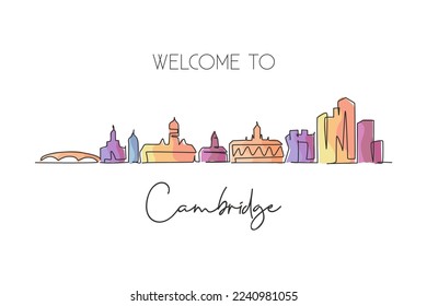 Single continuous line drawing Cambridge city skyline, Massachusetts. Famous city scraper landscape. World travel wall decor art poster print concept. Modern one line draw design vector illustration