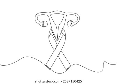 Single continuous line drawing campaign ribbon and uterus image. Raising public awareness to live healthier. Cancer can be prevented. World Ovarian Cancer Day. One line design vector illustration