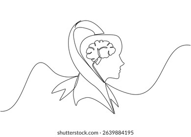 Single continuous line drawing campaign ribbon wraps around silhouette of head with brain inside head. Currently undergoing treatment. World Multiple Sclerosis Day. One line design vector illustration