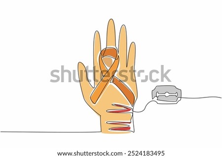 Single continuous line drawing campaign ribbon on back of the hand on the arm with many cuts. Potential for self-harm. Delicate balance. Self-Injury Awareness Day. One line design vector illustration