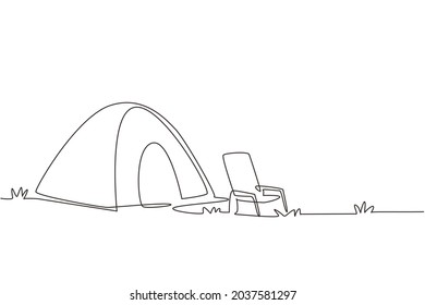 Single continuous line drawing camping tent with chair. Nature landscape for trip adventure traveler. Climbing, trekking, hiking, sports, outdoor recreation. One line draw design vector illustration