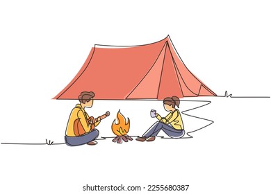 Single continuous line drawing camping couple around campfire tents. Man playing guitar and woman drinking hot tea getting warm near bonfire sitting on ground. One line draw design vector illustration
