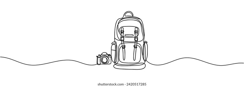 Single continuous line drawing of camping backpack for travel and tourism isolated on white background