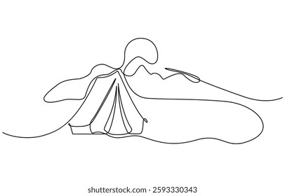 Single continuous line drawing camping site with tent bonfire and pot equipment, Camping Tent with Campfire Continuous Line Drawing with Editable Stroke and Copy Space.