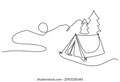 Single continuous line drawing camping site with tent bonfire and pot equipment, Camping Tent with Campfire Continuous Line Drawing with Editable Stroke and Copy Space.