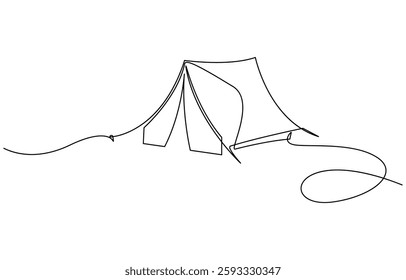 Single continuous line drawing camping site with tent bonfire and pot equipment, Camping Tent with Campfire Continuous Line Drawing with Editable Stroke and Copy Space.