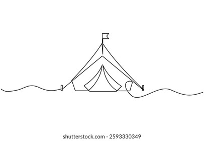 Single continuous line drawing camping site with tent bonfire and pot equipment, Camping Tent with Campfire Continuous Line Drawing with Editable Stroke and Copy Space.