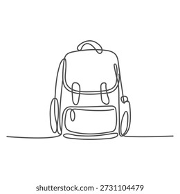 Single continuous line drawing of camping backpack for travel and tourism isolated on white background. Backpack for camp gears, mats, sleeping bags. One line draw design vector illustration.