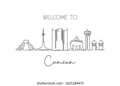 Single continuous line drawing of Cancun skyline, Mexico. Famous city scraper landscape. World travel destination home wall decor poster print concept. Modern one line draw design vector illustration