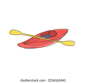 Single continuous line drawing canoe trails and rafting club with kayaking equipment. Vintage mountain, rafting, kayaking, paddling, canoeing camping. One line draw graphic design vector illustration