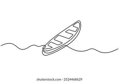 Trilhas de canoa de desenho de linha única contínua e clube de rafting com equipamento de caiaque. Vintage montanha, rafting, caiaque, remo, canoagem acampamento. Curso Editável de Linha Contínua para Esportes ao Ar Livre