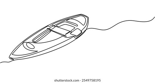  Línea continua única dibujando pistas de canoa y club de rafting con equipo de kayak. Ilustración vectorial de kayak canoa bote de remos velero yate aislado sobre fondo blanco. Deporte recreativo