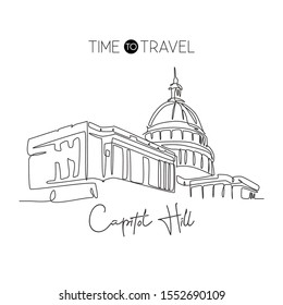 Single continuous line drawing Capitol Hill landmark  Iconic famous place in Washington DC  USA  World travel home wall decor art poster print concept  Modern one line draw design vector illustration