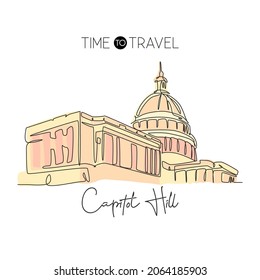 Single Continuous Line Drawing Capitol Hill Landmark. Iconic Famous Place In Washington DC, USA. World Travel Home Wall Decor Art Poster Print Concept. Modern One Line Draw Design Vector Illustration