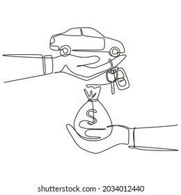 Single continuous line drawing car rental or sale concept. Hand of agent hold car key, hand of buyer hold gold money bag. Buying or rental car. Dynamic one line draw graphic design vector illustration